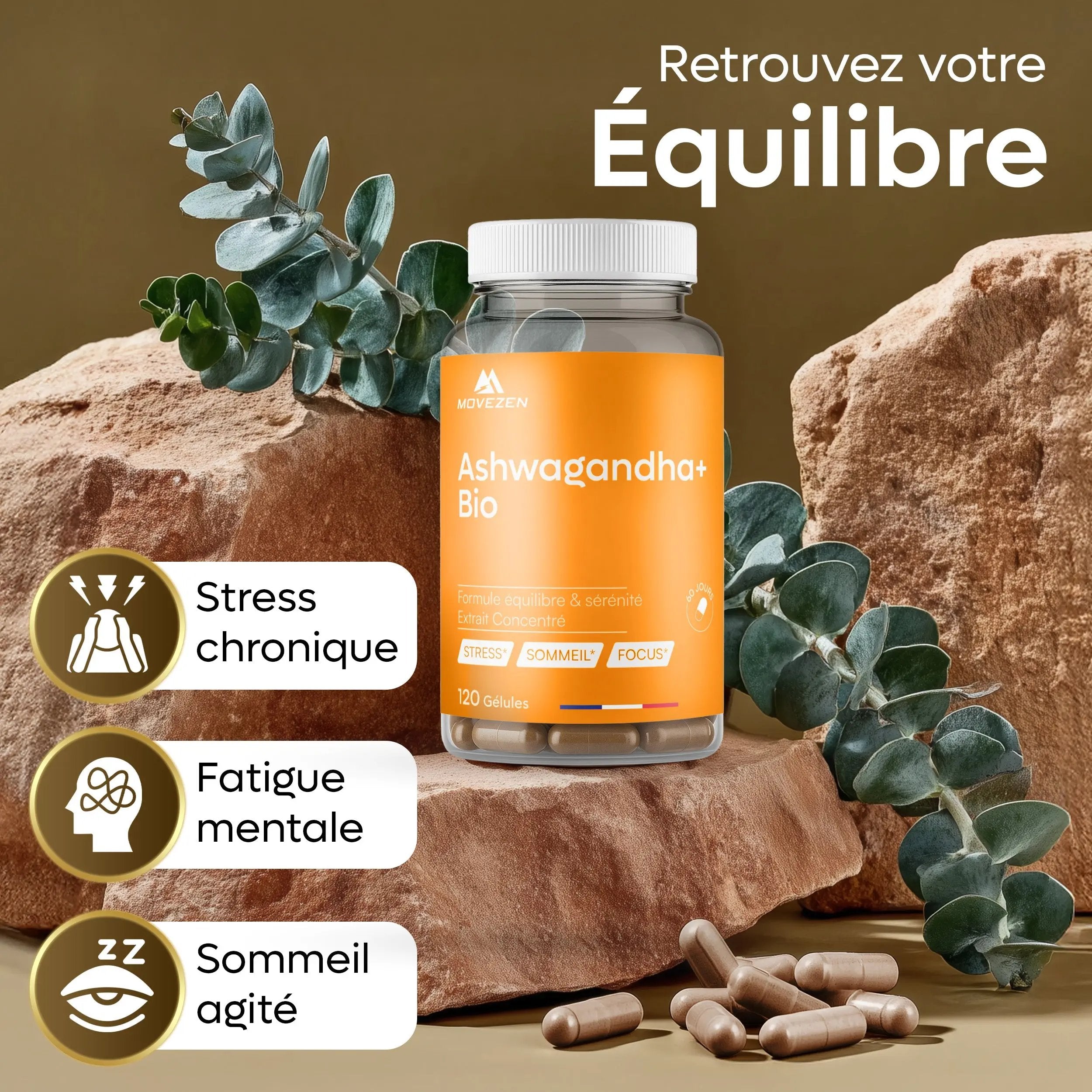 Ashwagandha Bio 5:1 Extrait Concentré 1000 mg Sommeil & Anti-Stress 120 Gélules MOVEZEN