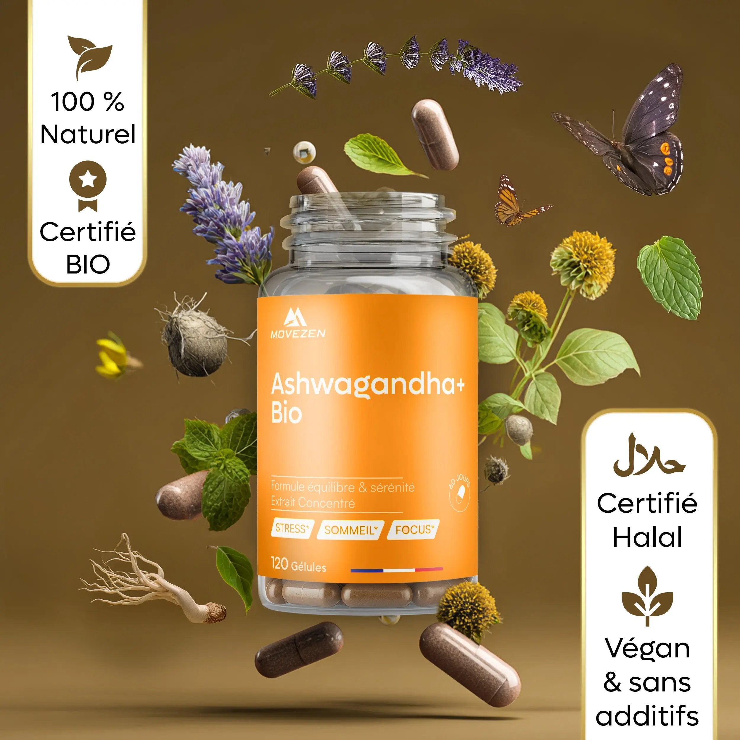Ashwagandha Bio 5:1 Extrait Concentré 1000 mg Sommeil & Anti-Stress 120 Gélules MOVEZEN