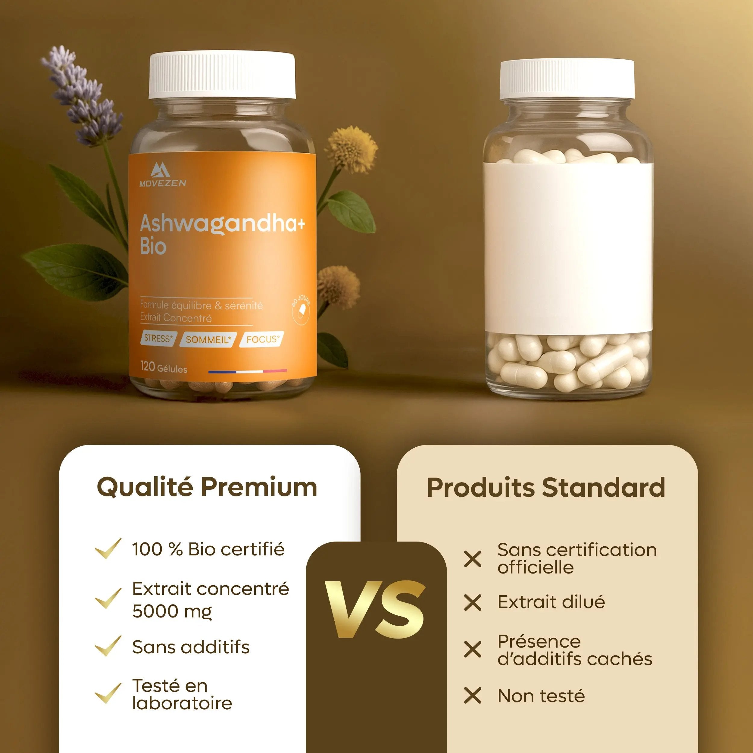 Ashwagandha Bio 5:1 Extrait Concentré 1000 mg Sommeil & Anti-Stress 120 Gélules MOVEZEN